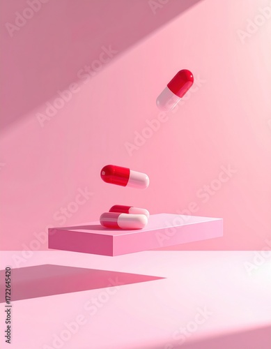A stylized, minimalist composition with red/white capsules resting on a pink platform, one capsule floating mid-air, against a pink backdrop