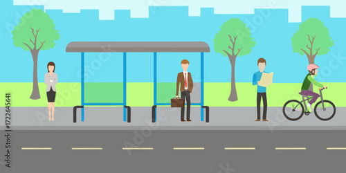 Diverse people waiting at a bus stop and riding a bicycle in a city park with trees and buildings