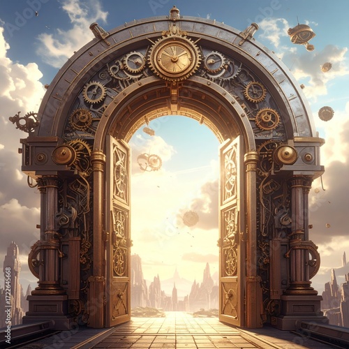 Intricate steampunk gateway with cogs, golden doors, and aerial machines opens to a bright cityscape against a beautiful, cloudy sky
