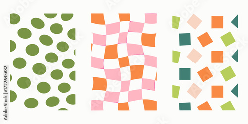 Three playful abstract patterns featuring green polka dots a distorted checkerboard and scattered geometric shapes