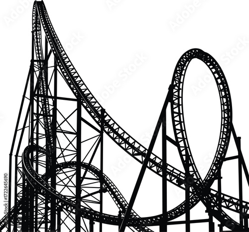 roller coaster, thrill ride, silhouette, black and white, vector, icon, graphic, loop, track, amusement park, structure, adrenaline, excitement, giant, steel, extreme, high, engineering, 