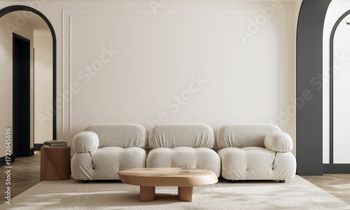 Home and living and white room interior, cozy living room interior and white sofa mock up, empty white wall, 3d rendering
