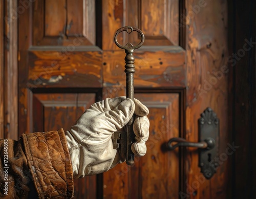 Gloved hand holds a skeleton key before a rustic wooden door with iron hardware, bathed in warm light, creating a sense of mystery and history