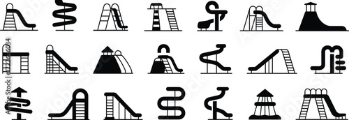 Set of black playground slide icons, kids outdoor play structures, amusement park elements, recreational design symbols, fun activity collection.