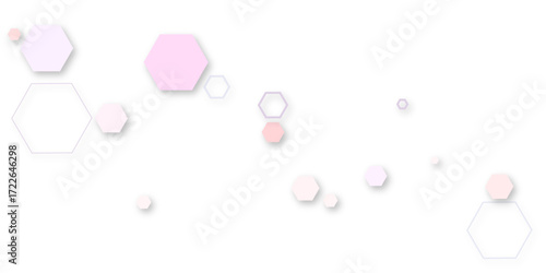 Abstract pastel hexagon pattern in pink, purple, and peach tones on white background. Modern geometric minimal design ideal for wallpaper, posters, covers, templates, and digital art projects.