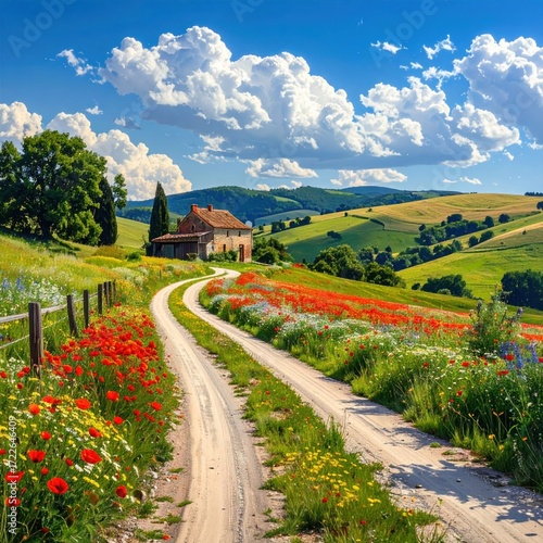 A dirt road meanders through a lush, flower-filled field toward a charming cottage nestled among rolling green hills under a bright, cloudy sky