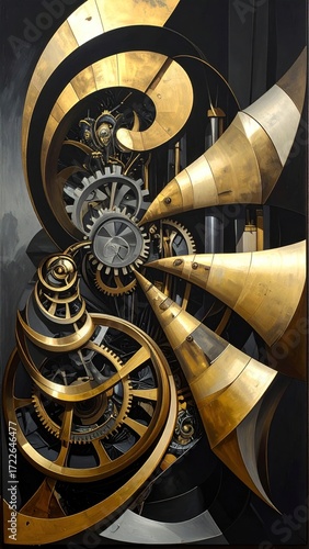 Metallic abstract artwork with layered spirals, gears, and striped cones in gold, silver, and black, resembling a complex, stylized clockwork
