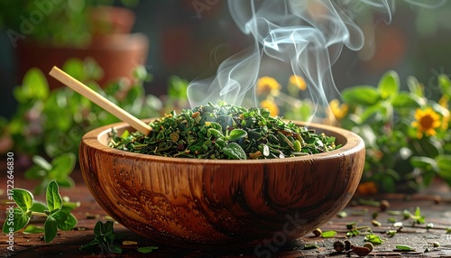 Steaming herbs in a wooden bowl with a spoon sit on a wooden surface amid blurred foliage, hinting at nature's aromatic bounty