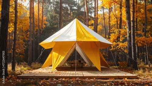 A yellow & white tent on a wooden platform is set amongst colorful fall trees, with warm light filtering through the autumn forest scene