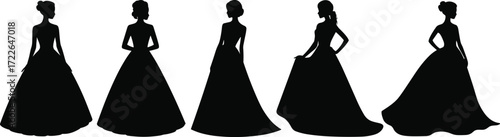 Elegant, vintage, silhouette, women, ball gown, fashion, dress, formal, black, white, pose, hairstyle, classic, design, illustration, costume, graceful, model, feminine, timeless