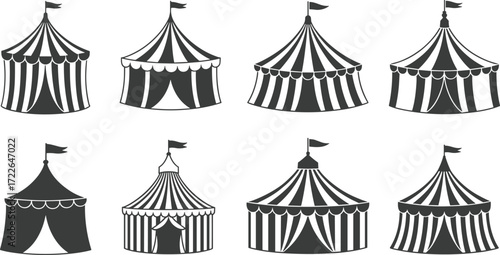 Vintage circus tents, striped carnival pavilions, classic festival big tops, silhouette icon set for amusement park, entertainment, fairground event design.
