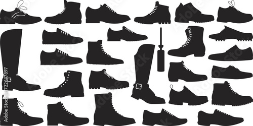 Footwear silhouettes, shoe icons, boot styles, fashion graphics, tool symbols, wrench, screwdriver, tread patterns, utility design, black outlines