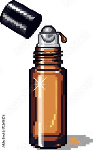 Pixelated illustration of a brown glass bottle with a rollerball applicator and a black cap floating above it.
