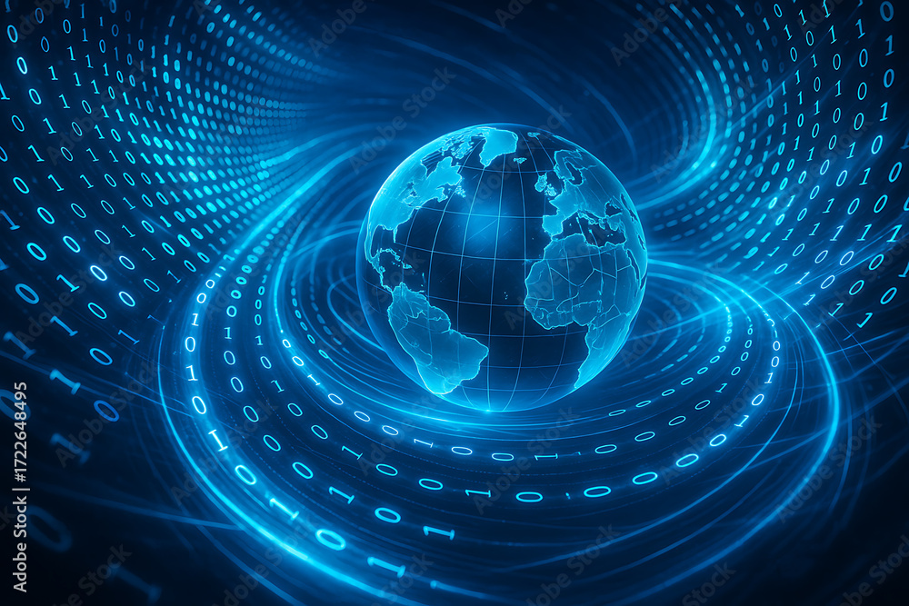 Obraz premium Binary Code Data Streams Surrounding Glowing Digital Earth in Cyberspace Tunnel