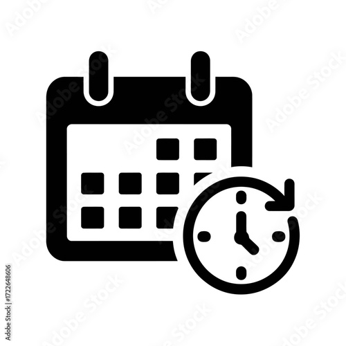 Simple schedule icon with calendar and clock. Vector glyph for time management, appointments, and event planning. Black and white symbol.