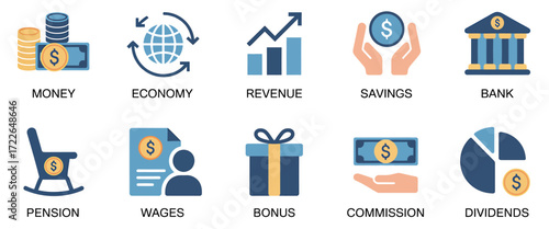 Financial Icons Set Money, Economy, Revenue, Savings, Bank, and More.