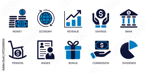 Finance and Economy Icons Money, Savings, Revenue, Bank, and More