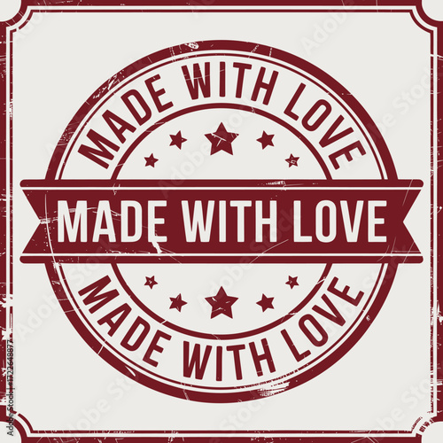 Vintage Made with Love Round Emblem Design; Retro Crafted Label Illustration for Handmade Products and Goods; Textured Stamp Graphic