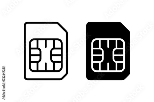Simple SIM card icon set in outline and solid glyph styles. Mobile communication chip symbol for telephone technology vector illustration.