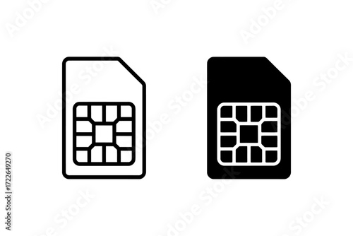 Outline and Solid Black Icon Vector of a SIM Card with Microchip Connections, Representing Mobile Connectivity and Digital Identity