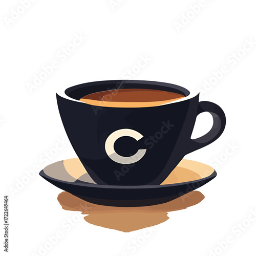 Elegant Black Coffee Cup with C Logo on Saucer.