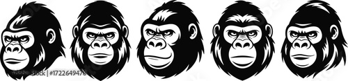 Gorilla head icons, bold silhouettes, animal graphics, strong expressions, wild character design, black and white, fierce face, primate art, branding elements, tribal style