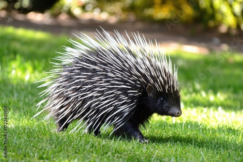 Spiky quills and cute porcupine rodent in natural habitat setting walking grassy field animal