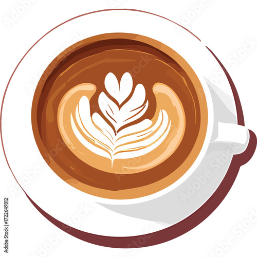 Latte Art Coffee Cup with Tulip Design on White Plate.