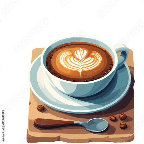 Latte Art in a Cup on a Wooden Board with Spoon and Coffee Beans.