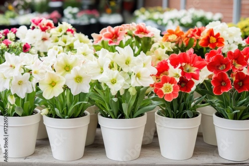 Wallpaper Mural Blossoming Red and White Amaryllis Flower: Vibrant Stunning Floral row flower pots different Torontodigital.ca