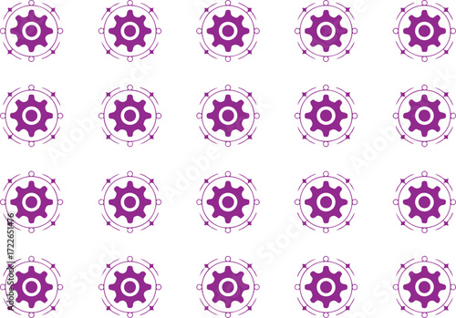 Seamless pattern of purple gear icons on a white background, representing industry and mechanics