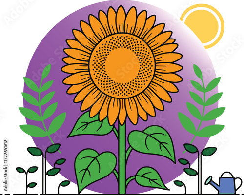 Vibrant sunflower blooming with new seedlings and a watering can, symbolizing growth and nature's cycle.