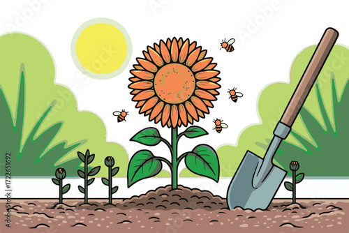 Joyful bees buzz around a vibrant sunflower growing in a sunny garden with young plants and a shovel.