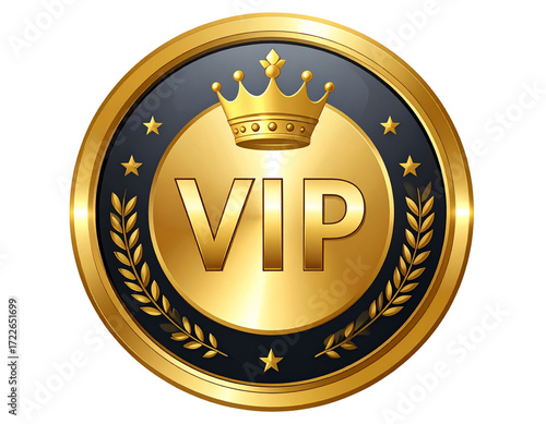 Elegant Round Gold VIP Badge with Crown, Front View, Vector Isolated