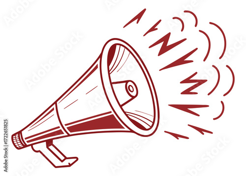 Red megaphone broadcasting sound waves announcement communication