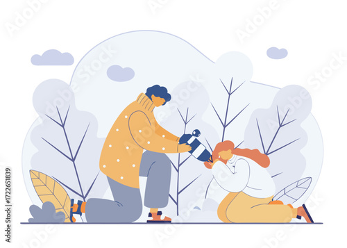 People tending to plants with minimalist foliage illustration nature