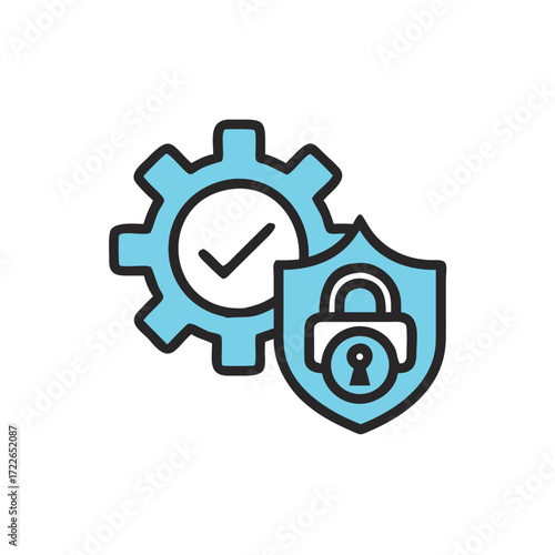 Gear with checkmark and security shield symbolizing Cybersecurity  