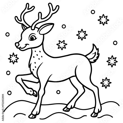 A festive holiday vector illustration of a cute cartoon reindeer with a Christmas tree