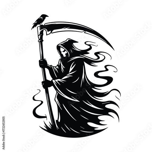 Grim Reaper Silhouette with Scythe and Raven a Symbol of Death and Mortality