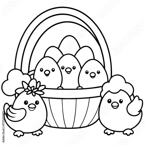 A cute cartoon chicken with a big smile happily guards a basket of colorful Easter eggs in this fun, yellow spring illustration
