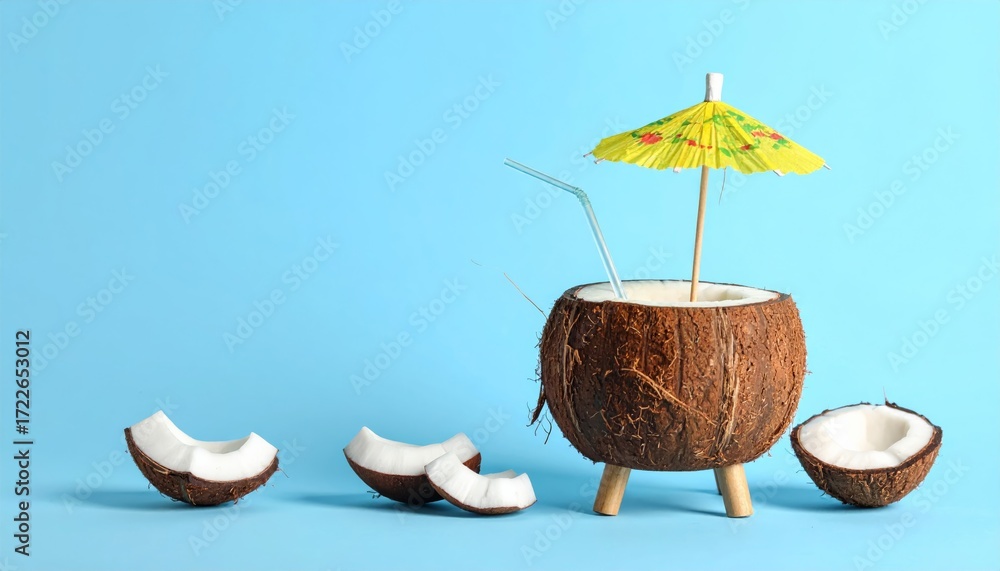 Fototapeta premium A cartoon coconut cocktail served