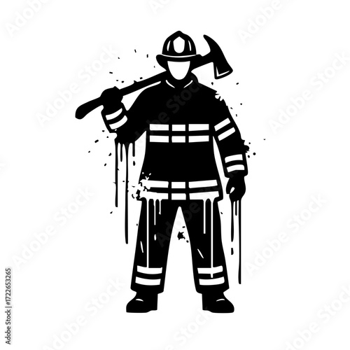 Firefighter Holding Axe Silhouette Vector