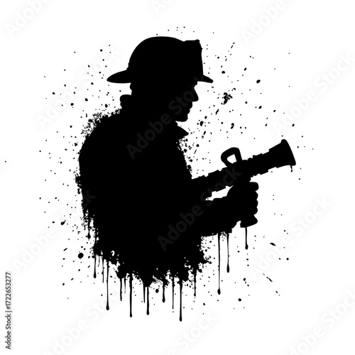 Firefighter Silhouette with Hose Nozzle Against Splatter