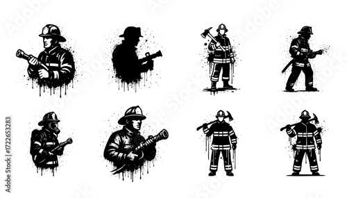 Firefighter Vector Illustration Set, Heroic Emblem