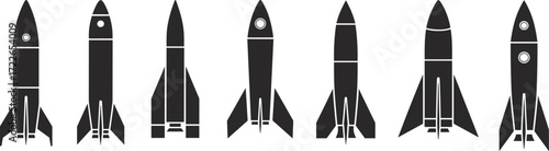 Rocket icons, space silhouettes, spacecraft designs, launch graphics, fin styles, window placements, aerospace symbols, minimal art, flight shapes, tech visuals
