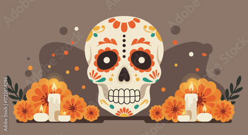 A vibrant flat design illustration of a traditional Mexican Calavera (sugar skull) adorned with colorful marigold flowers and subtle candle elements, celebrating the festive spirit of Día de Muertos. 