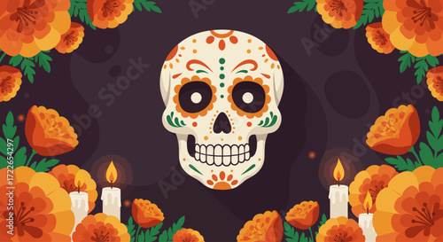 A vibrant flat design illustration of a traditional Mexican Calavera (sugar skull) adorned with colorful marigold flowers and subtle candle elements, celebrating the festive spirit of Día de Muertos. 
