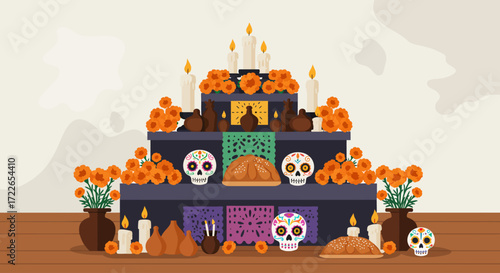 A charming flat design vector illustration depicting a traditional Day of the Dead Ofrenda, featuring essential elements like marigolds, candles, pan de muerto, and Calaveras.