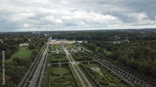Drottningholm Palace aerial drone view, Stockholm Sweden, UNESCO World Heritage site with lake reflection, baroque architecture and scenic summer landscape