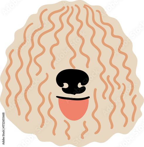 A cartoon drawing of a fluffy dog with a black nose and pink tongue